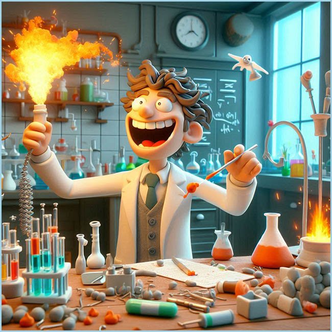 Mad scientist at work in his lab